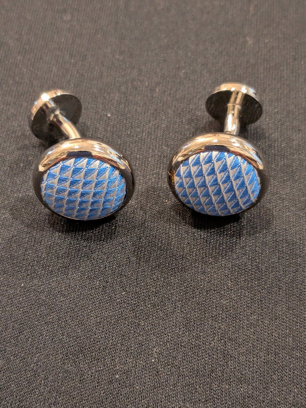 Men's Light Blue Patterned Round Cufflinks - Silver Tone